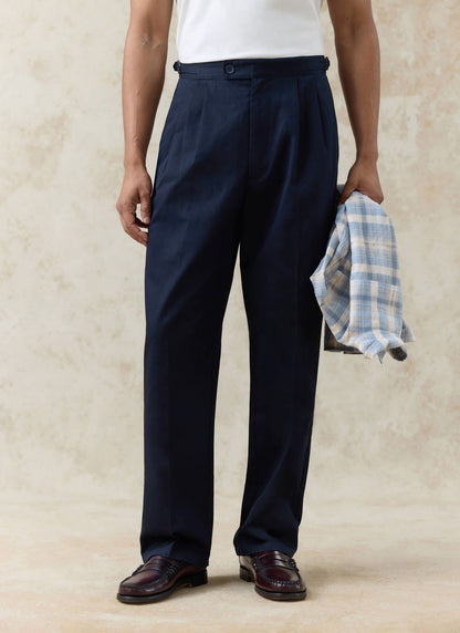 Men's Tailored Pleated Trousers - Cotton - Navy Blue | Percival Deals