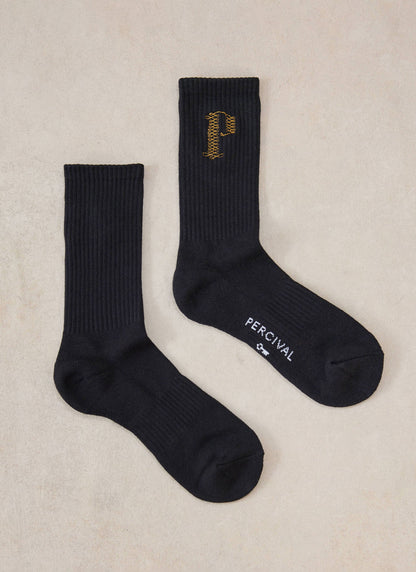 Tucker Men's Embroidered Socks - Black Cotton Blend - Percival | Percival Recommended