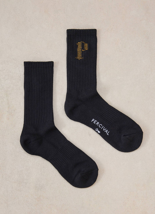 Tucker Men's Embroidered Socks - Black Cotton Blend - Percival | Percival Recommended