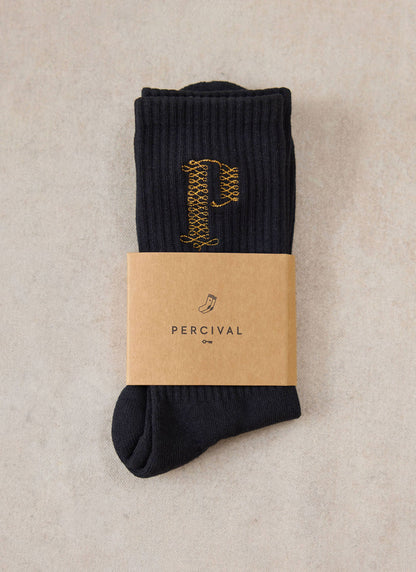 Tucker Men's Embroidered Socks - Black Cotton Blend - Percival | Percival Recommended