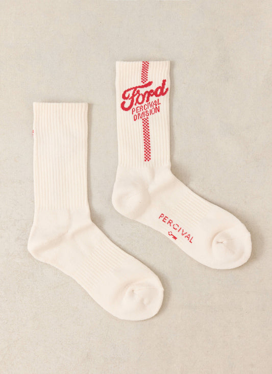 Men's Crew Motorsport Socks - Cotton - Cream - Ford x Percival | Percival Best Seller