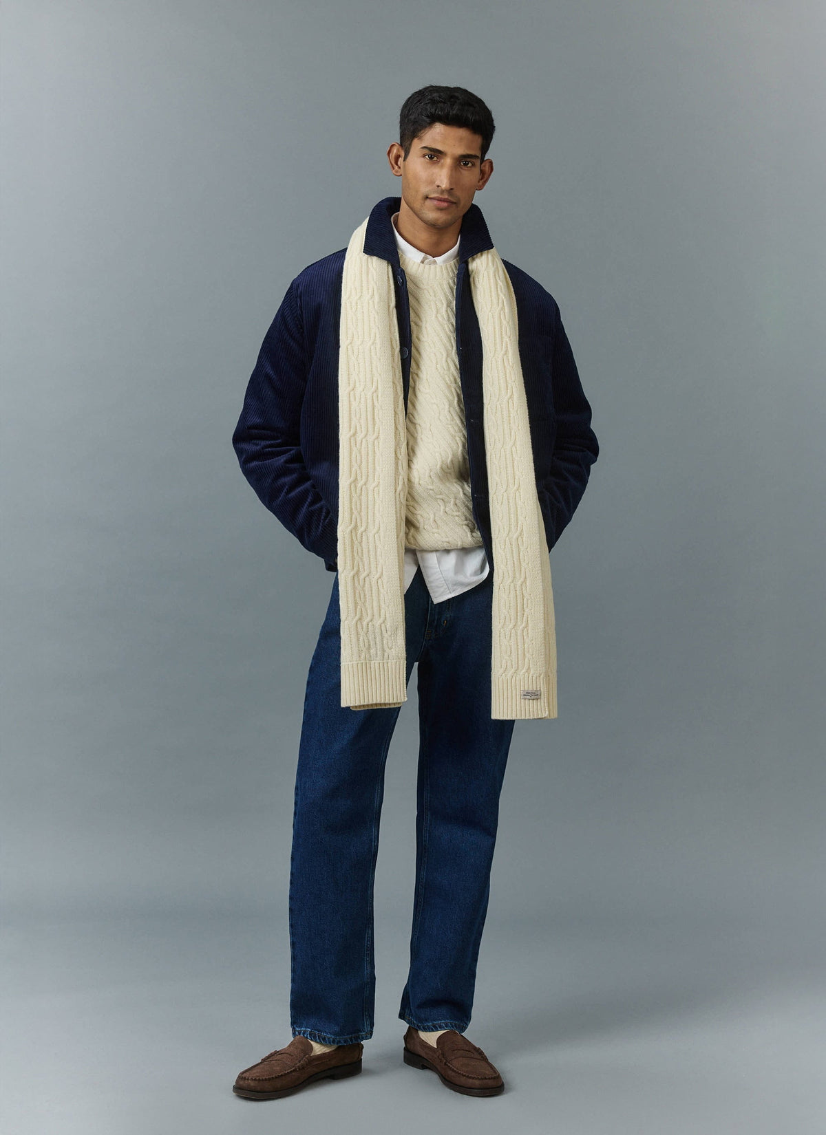 Men's Cable Knit Scarf - Wool - Ecru Cream | Percival Quality