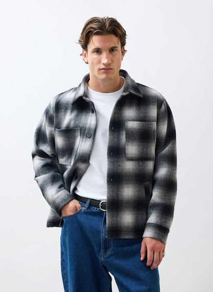 Men's Wool Checked Overshirt - Shacket - Wool - Grey Multi | Percival New