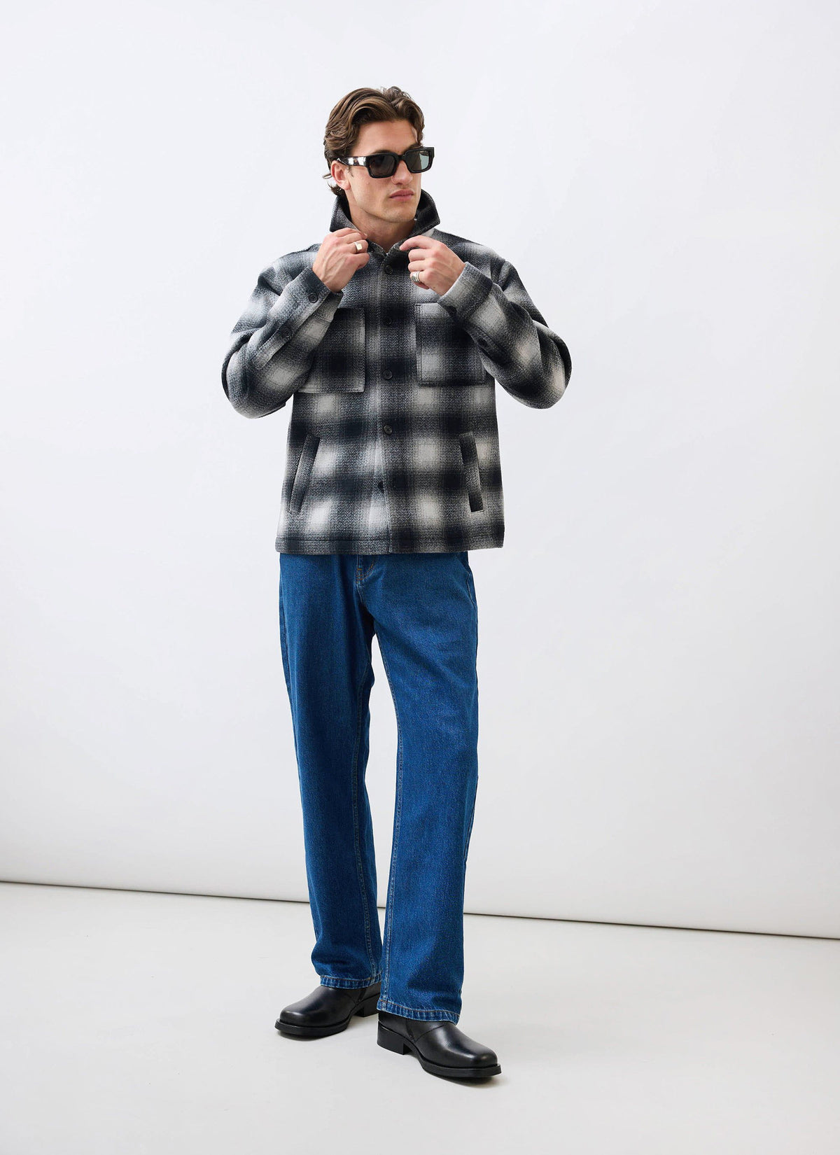 Men's Wool Checked Overshirt - Shacket - Wool - Grey Multi | Percival New