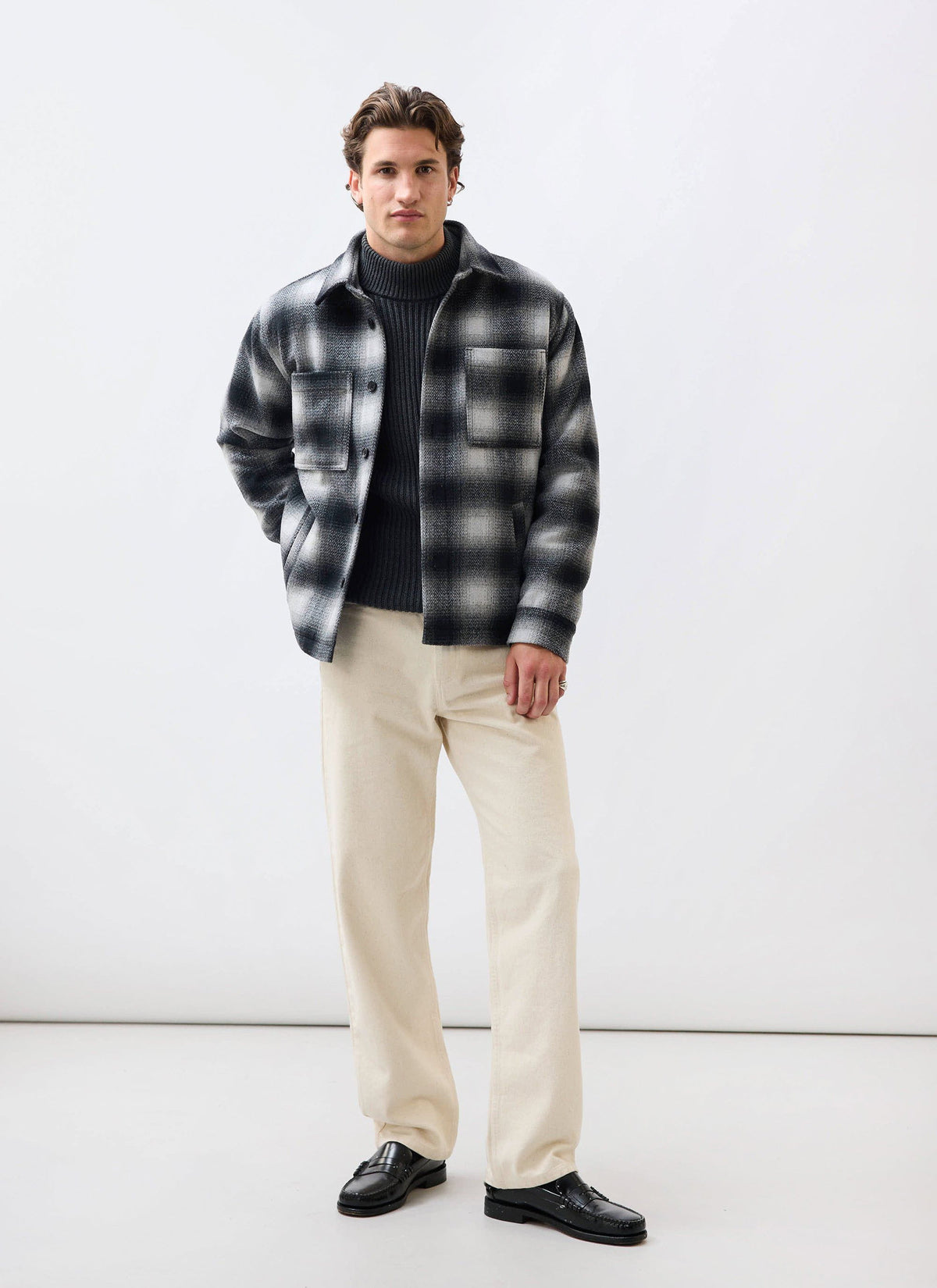 Men's Wool Checked Overshirt - Shacket - Wool - Grey Multi | Percival New