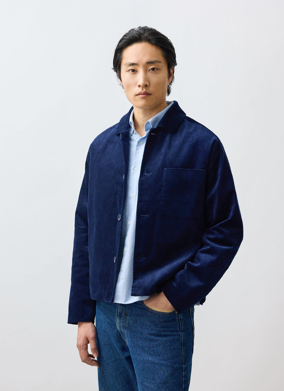 Men's Corduroy Overshirt - Shacket - Cotton - Navy Blue | Percival Sale