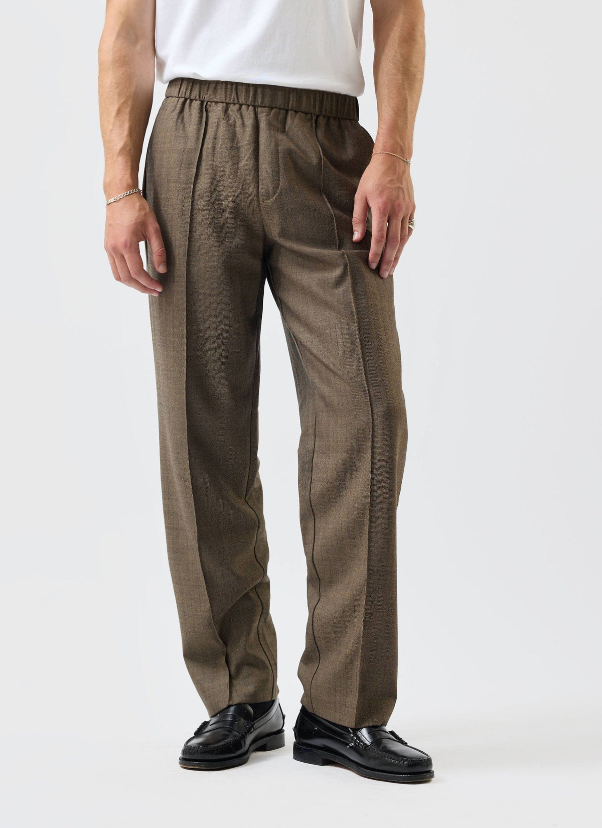 Grounds Relaxed Trousers - Herringbone Wool - Oak | Percival Trusted
