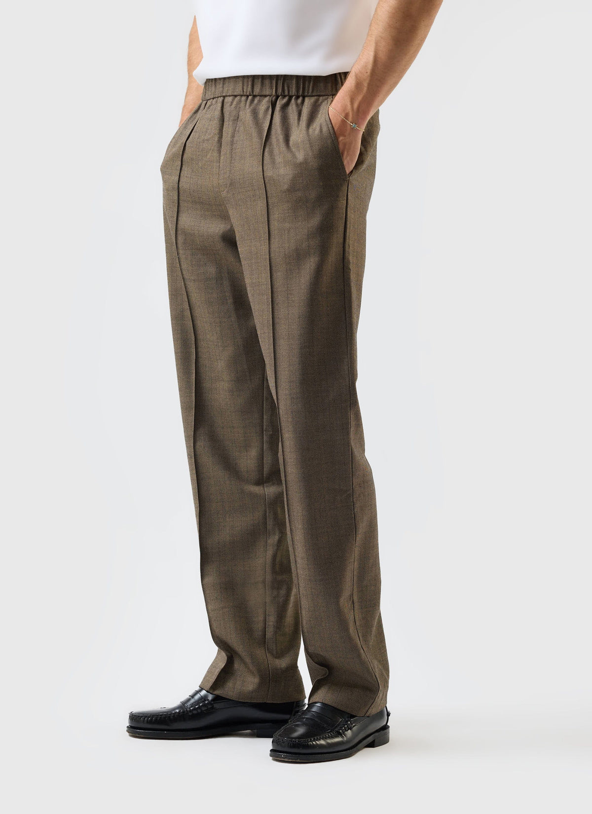 Grounds Relaxed Trousers - Herringbone Wool - Oak | Percival Trusted