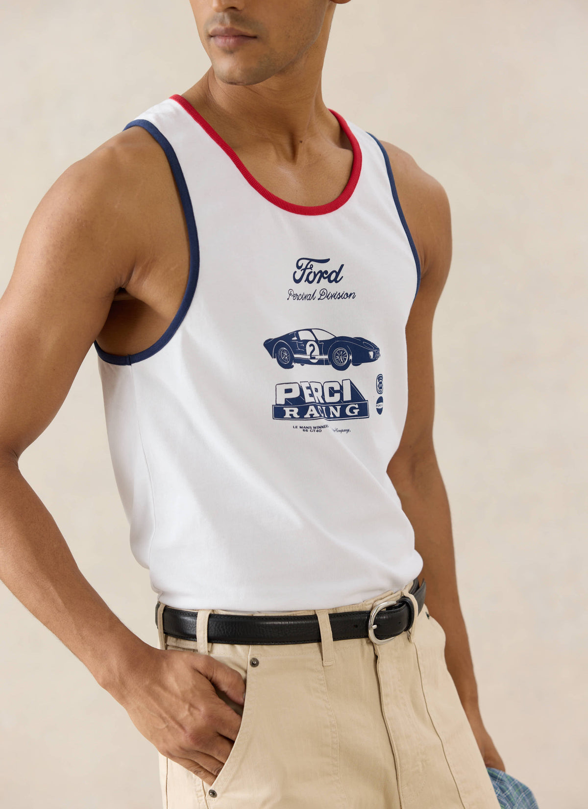 Men's GT40 Vest - Ford x Percival - Organic Cotton - White | Percival Top Pick