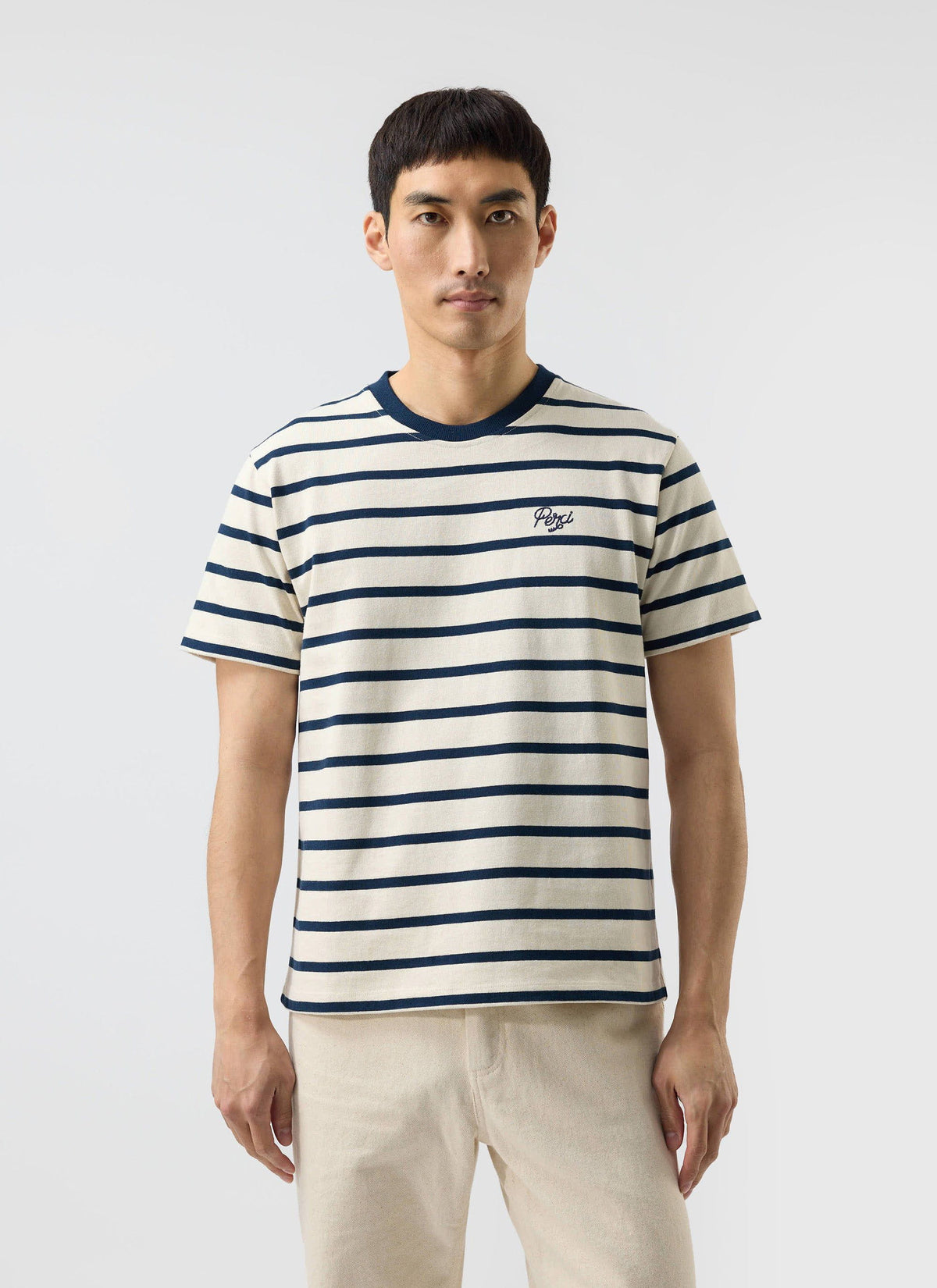 Men's Striped T Shirt: Breton - Cotton - Cream with Navy | Percival Trusted
