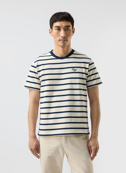 Men's Striped T Shirt: Breton - Cotton - Cream with Navy | Percival Trusted