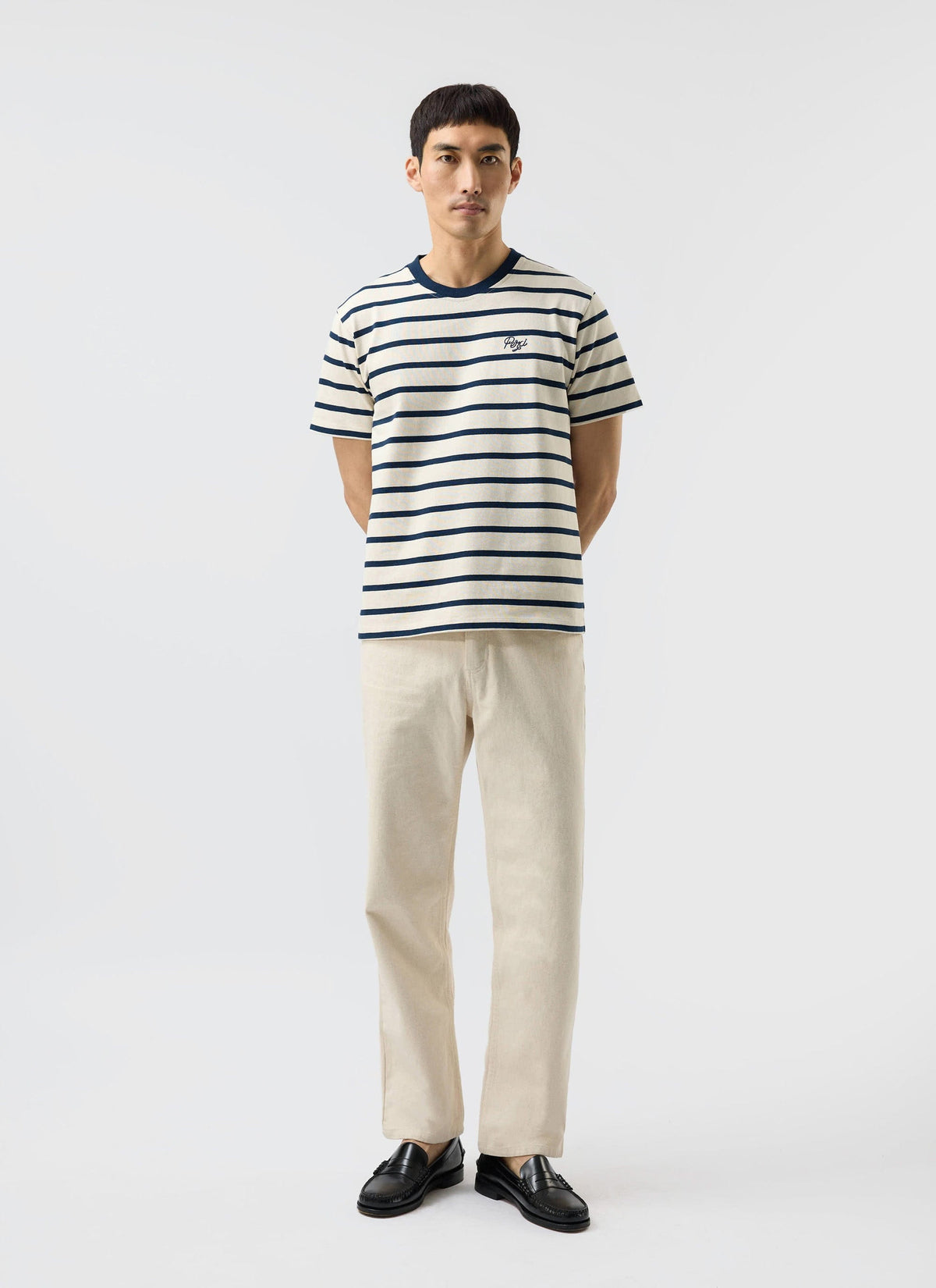 Men's Striped T Shirt: Breton - Cotton - Cream with Navy | Percival Trusted