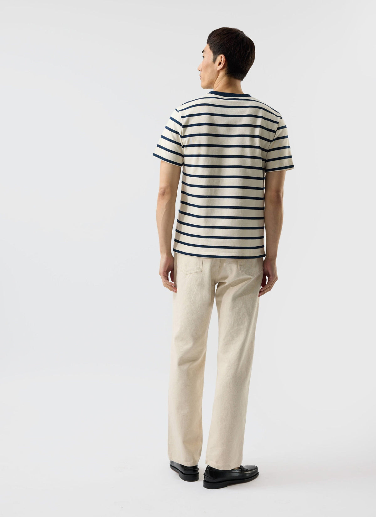 Men's Striped T Shirt: Breton - Cotton - Cream with Navy | Percival Trusted