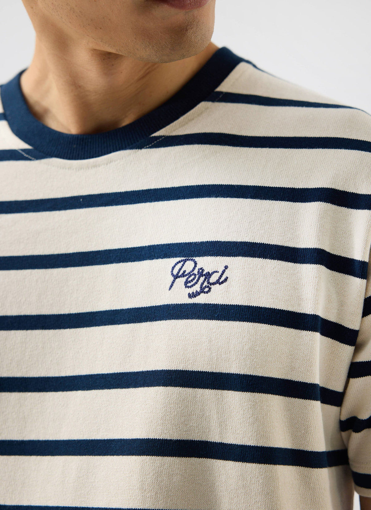 Men's Striped T Shirt: Breton - Cotton - Cream with Navy | Percival Trusted