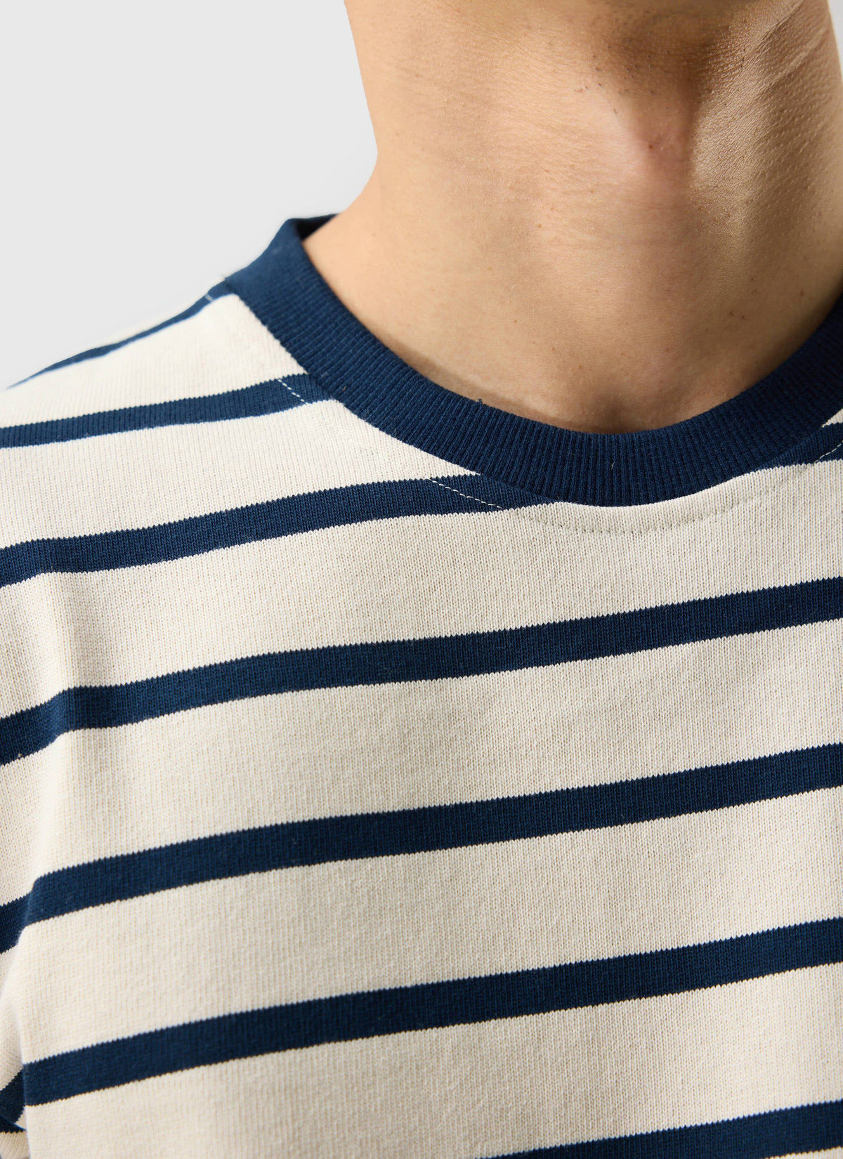 Men's Striped T Shirt: Breton - Cotton - Cream with Navy | Percival Trusted