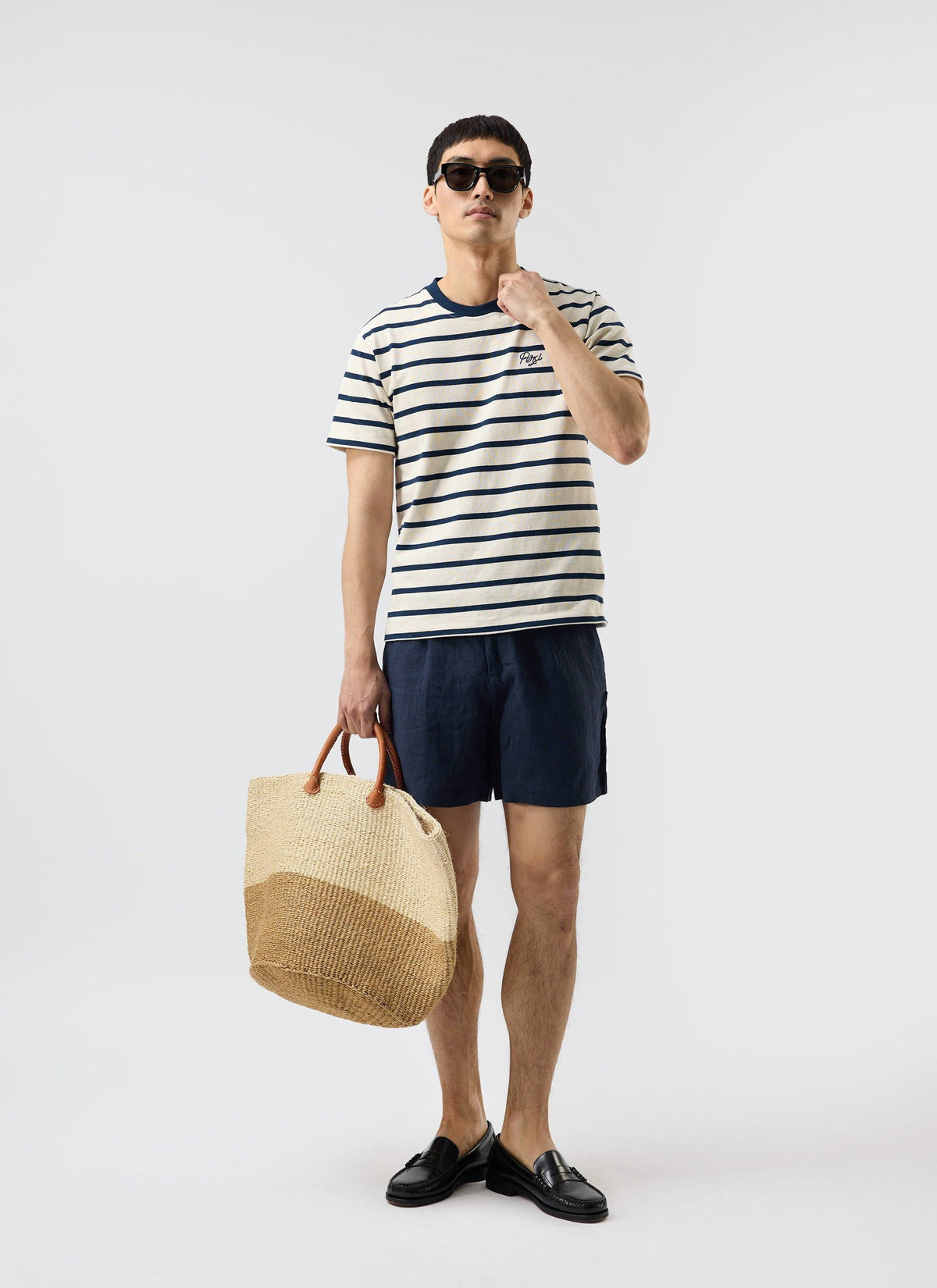 Men's Striped T Shirt: Breton - Cotton - Cream with Navy | Percival Trusted