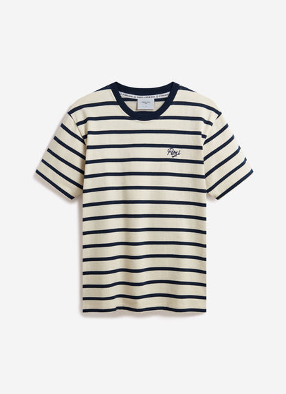 Men's Striped T Shirt: Breton - Cotton - Cream with Navy | Percival Trusted