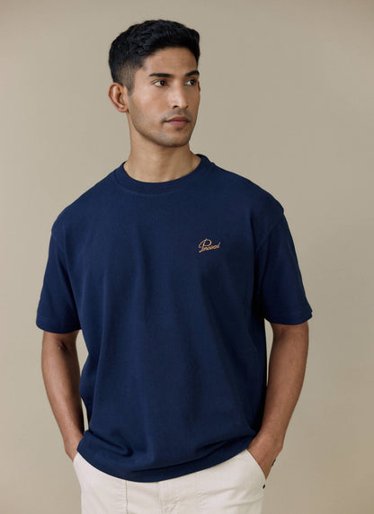 Men's T Shirt - Perci Script - Embroidered Organic Cotton - Navy | Percival Latest