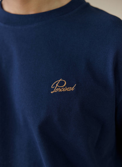 Men's T Shirt - Perci Script - Embroidered Organic Cotton - Navy | Percival Latest