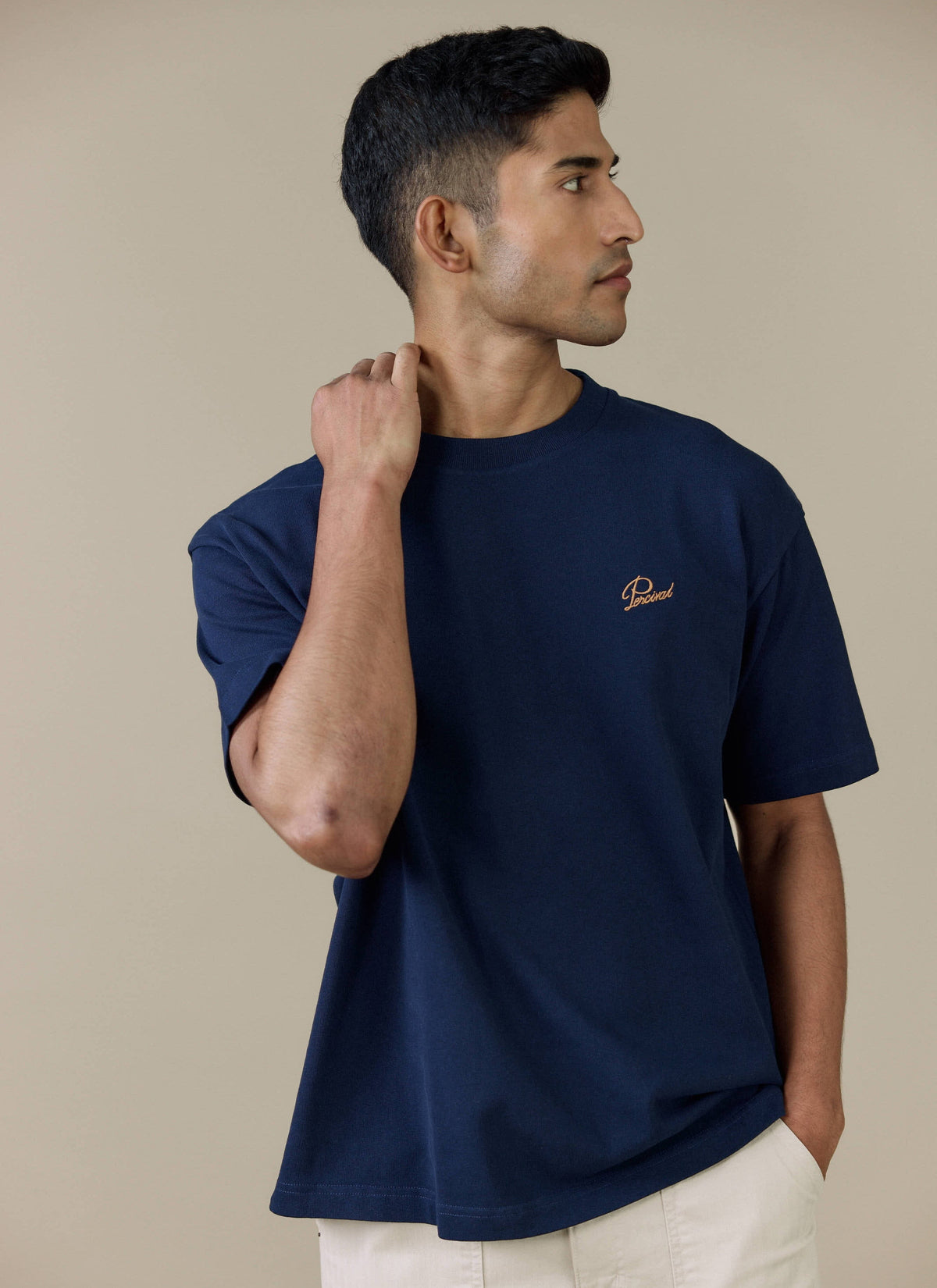 Men's T Shirt - Perci Script - Embroidered Organic Cotton - Navy | Percival Latest