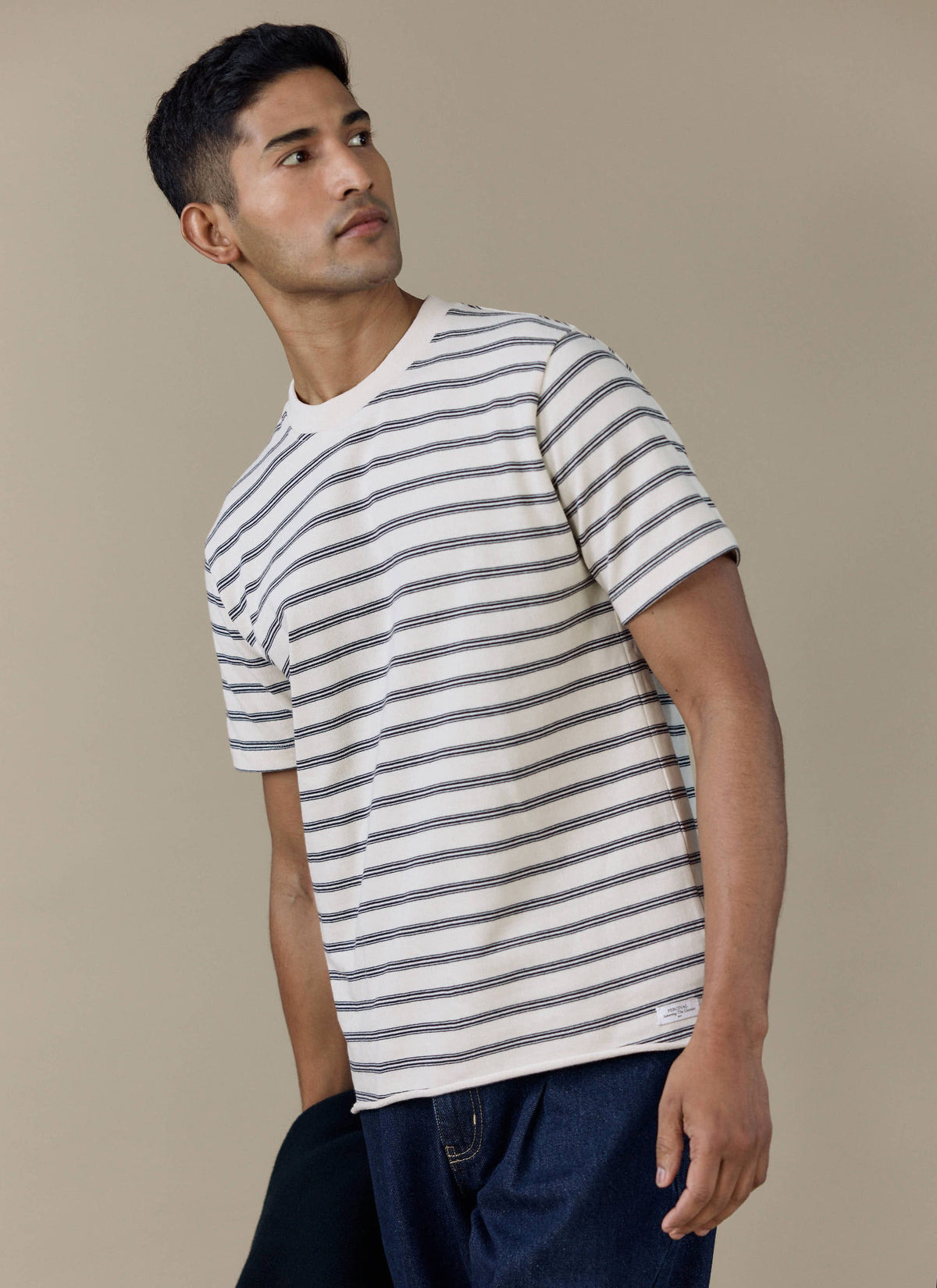 Men's Breton T Shirt - Arlo Raw Hem - Organic Cotton - White Stripe | Percival Everyday