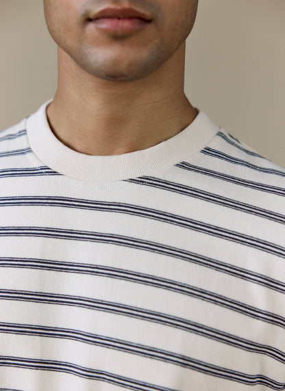 Men's Breton T Shirt - Arlo Raw Hem - Organic Cotton - White Stripe | Percival Everyday