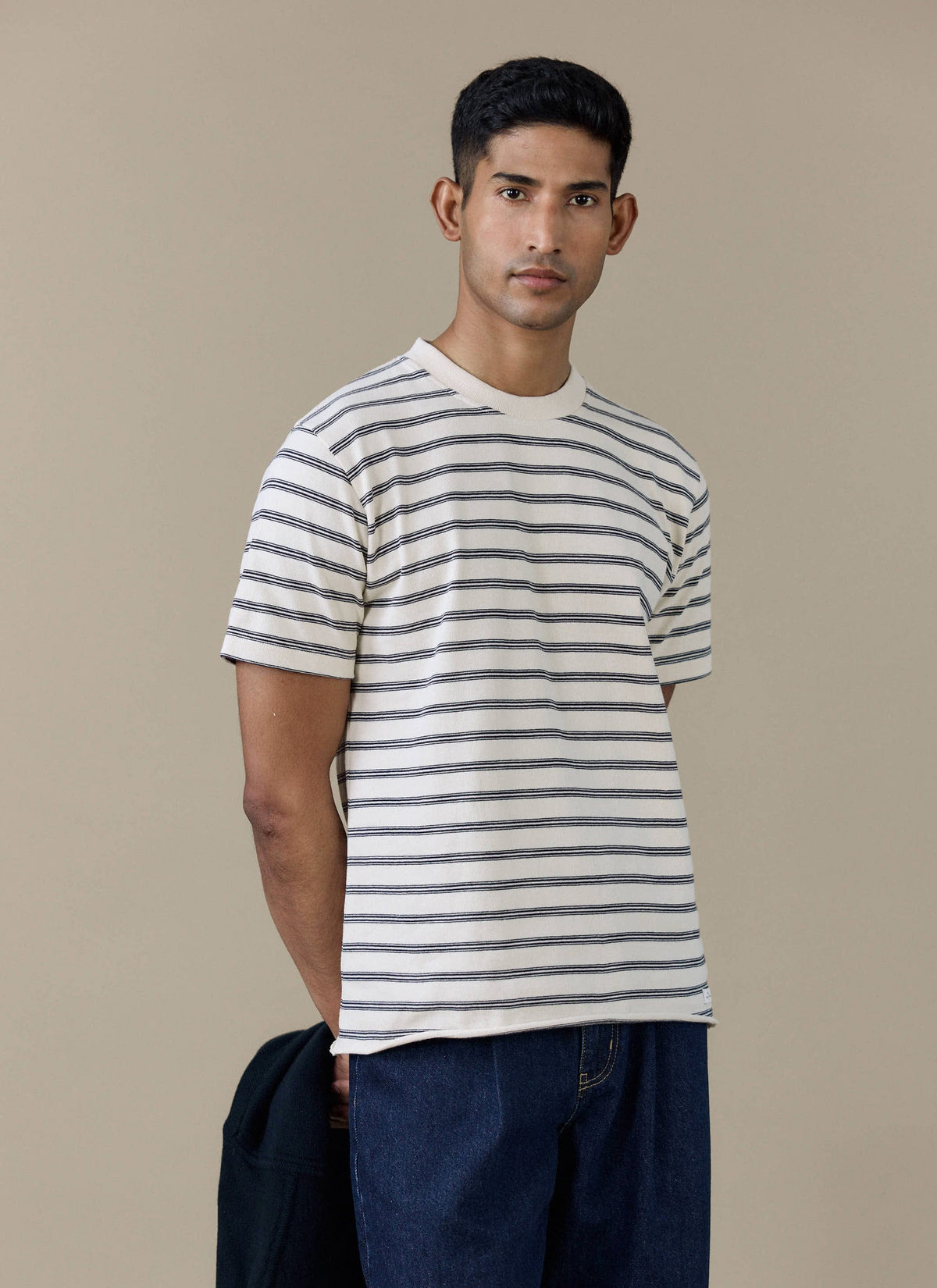 Men's Breton T Shirt - Arlo Raw Hem - Organic Cotton - White Stripe | Percival Everyday