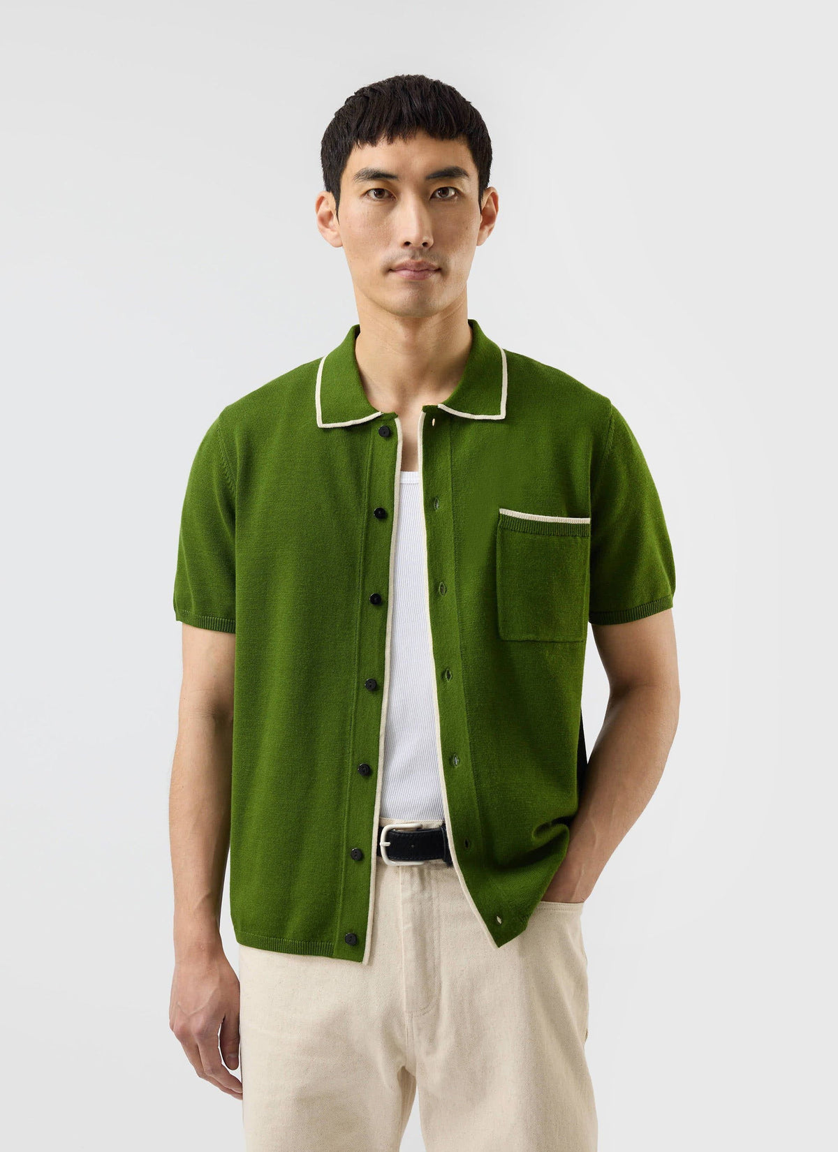 Men's Knitted Shirt: Contrast Trim - Wool - Forest Green | Percival Classic