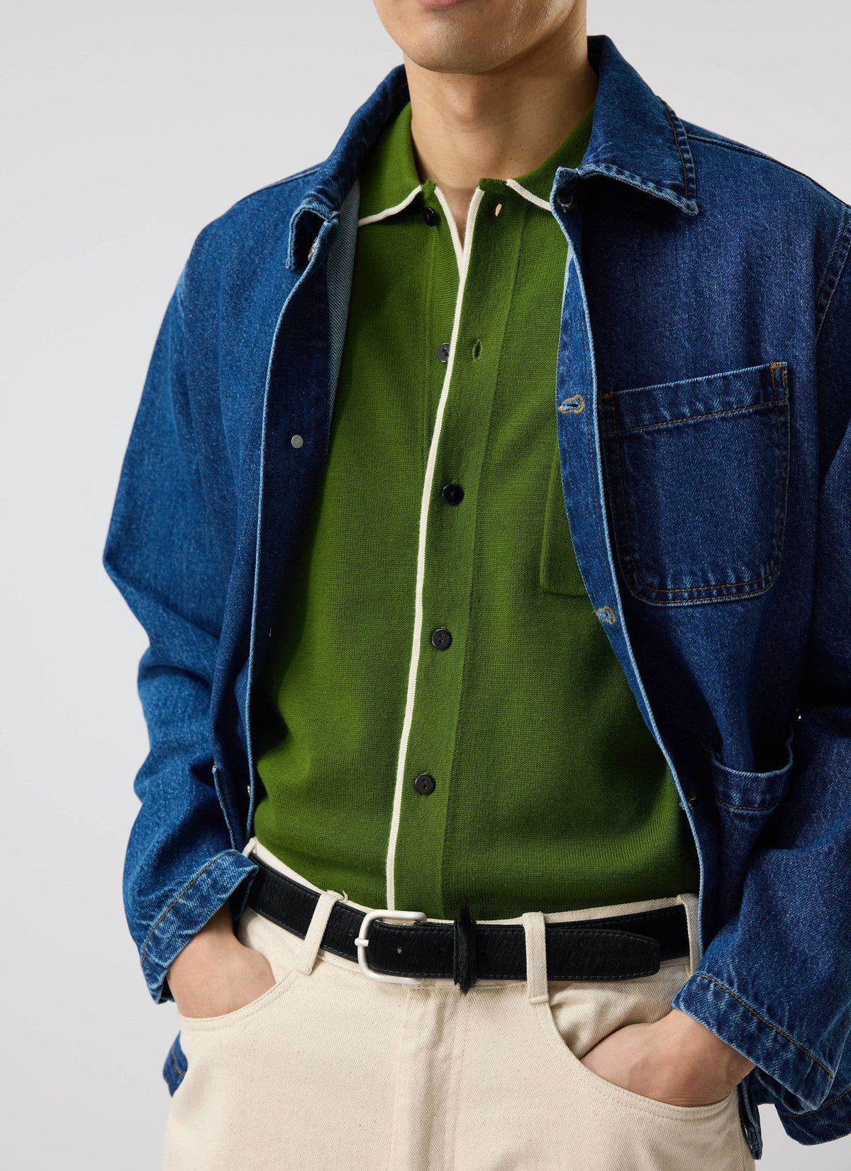 Men's Knitted Shirt: Contrast Trim - Wool - Forest Green | Percival Classic