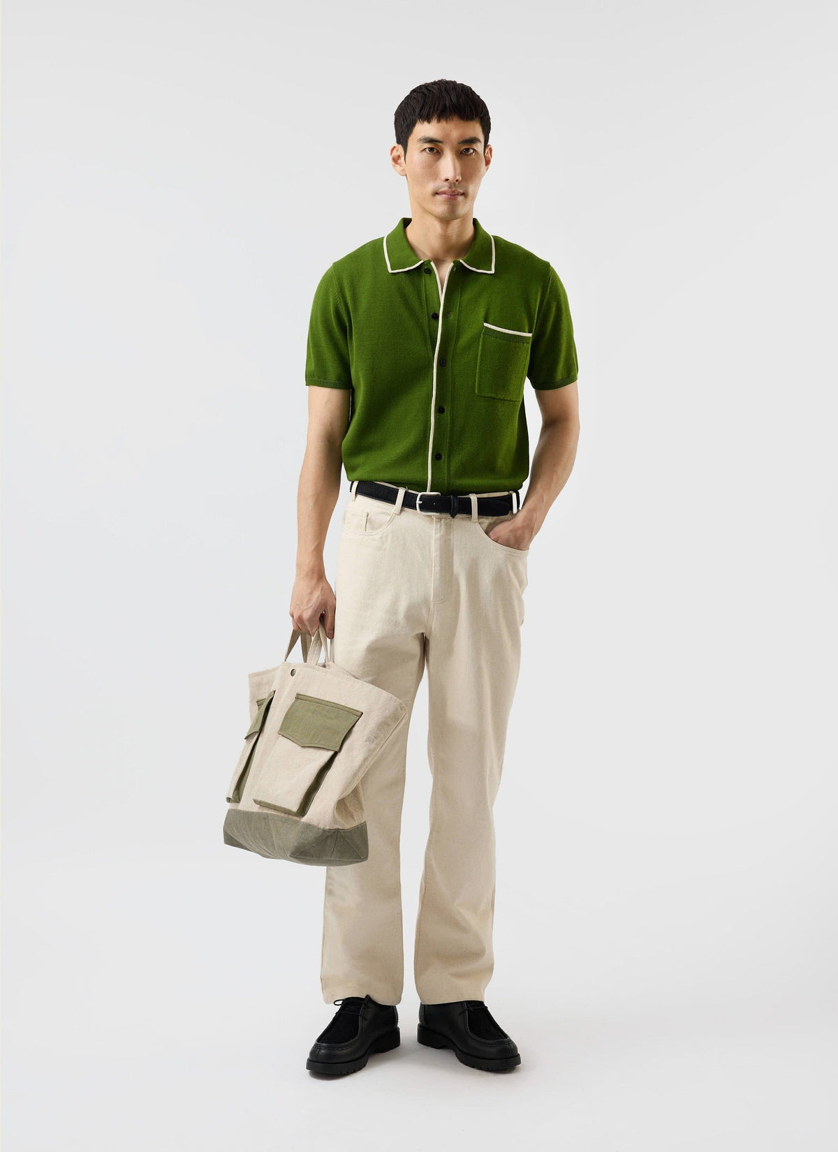 Men's Knitted Shirt: Contrast Trim - Wool - Forest Green | Percival Classic