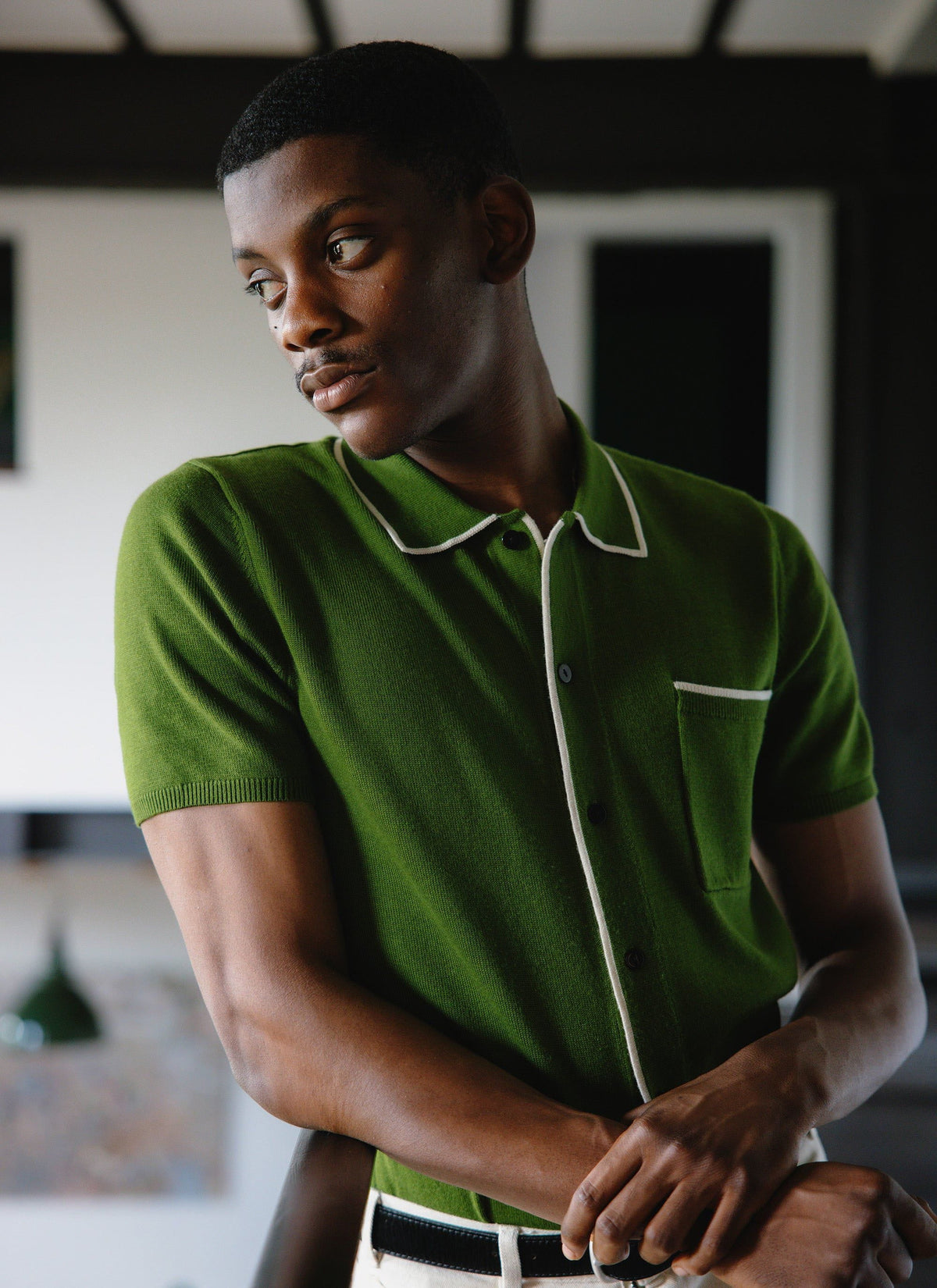 Men's Knitted Shirt: Contrast Trim - Wool - Forest Green | Percival Classic