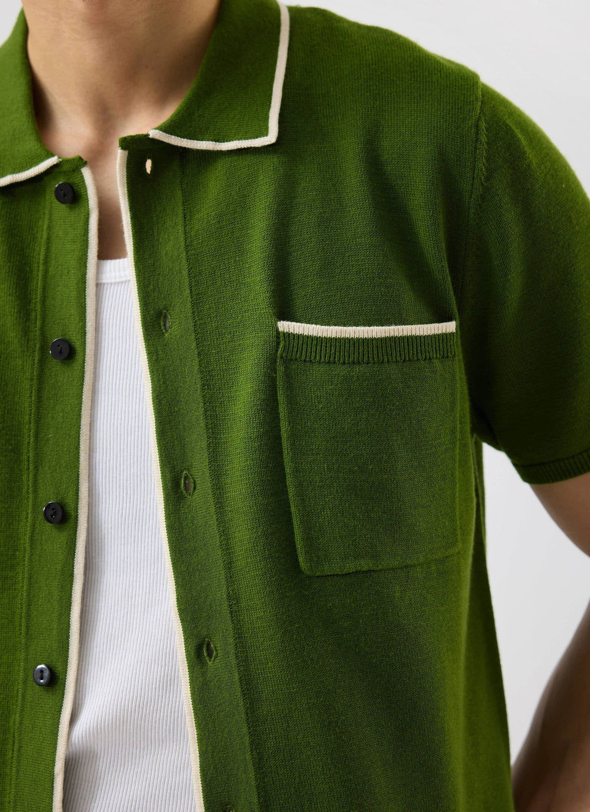 Men's Knitted Shirt: Contrast Trim - Wool - Forest Green | Percival Classic