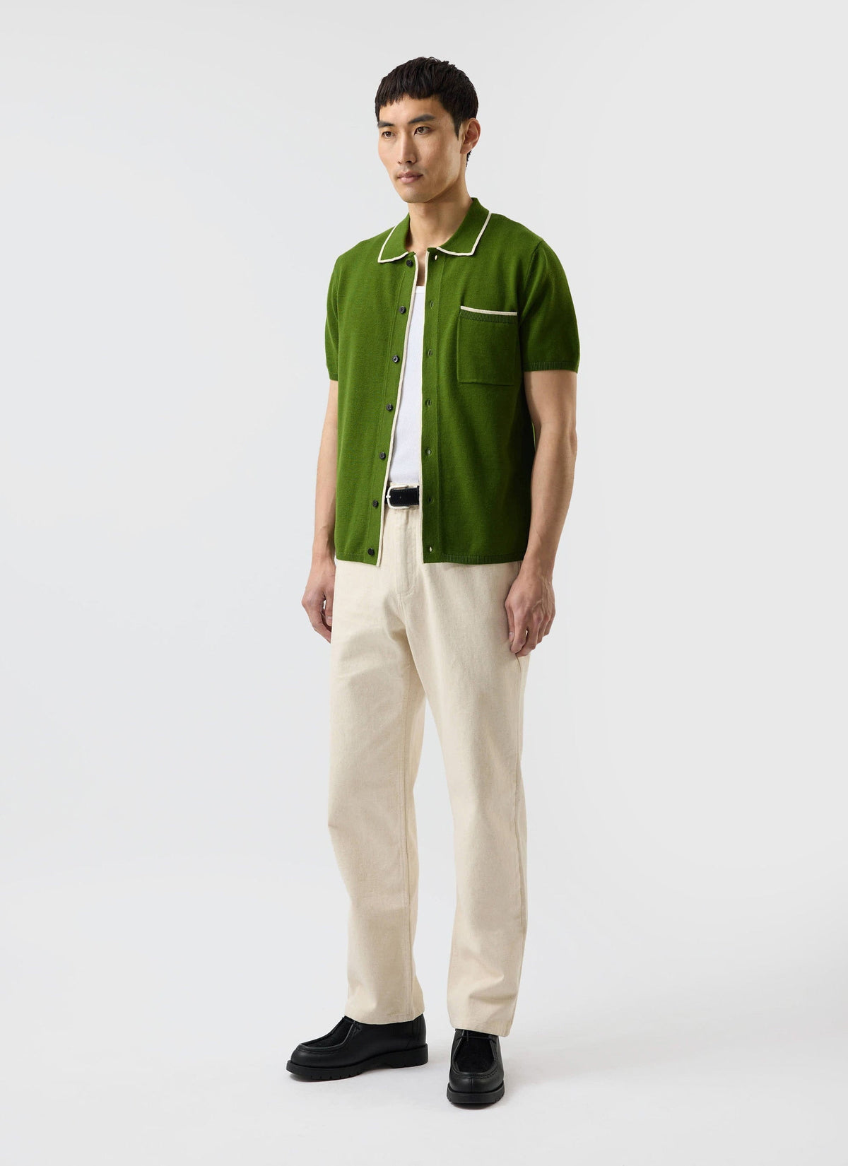Men's Knitted Shirt: Contrast Trim - Wool - Forest Green | Percival Classic