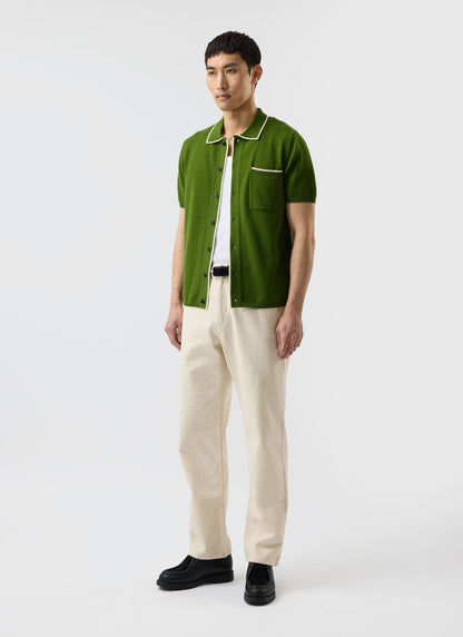Men's Knitted Shirt: Contrast Trim - Wool - Forest Green | Percival Classic