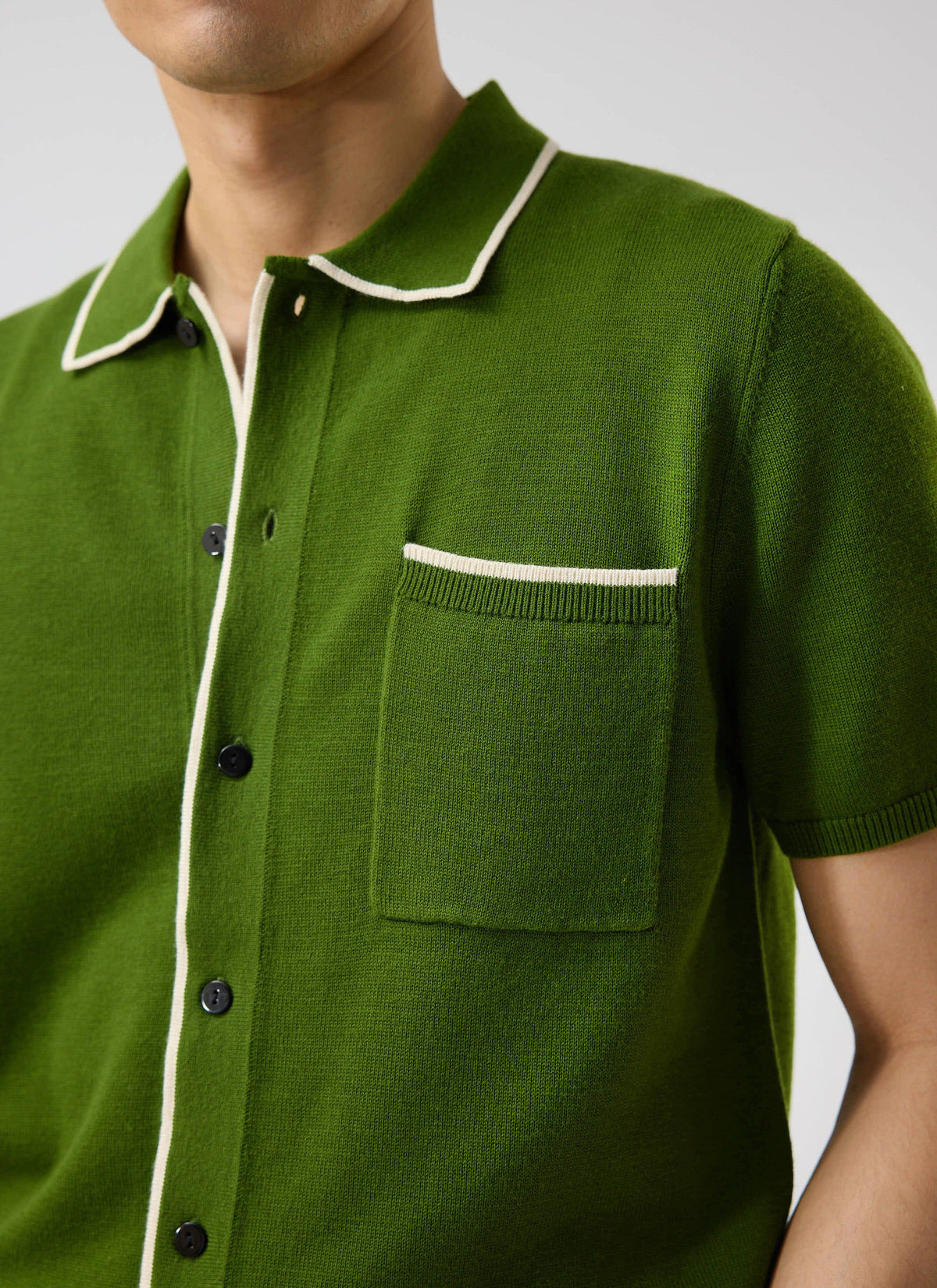 Men's Knitted Shirt: Contrast Trim - Wool - Forest Green | Percival Classic