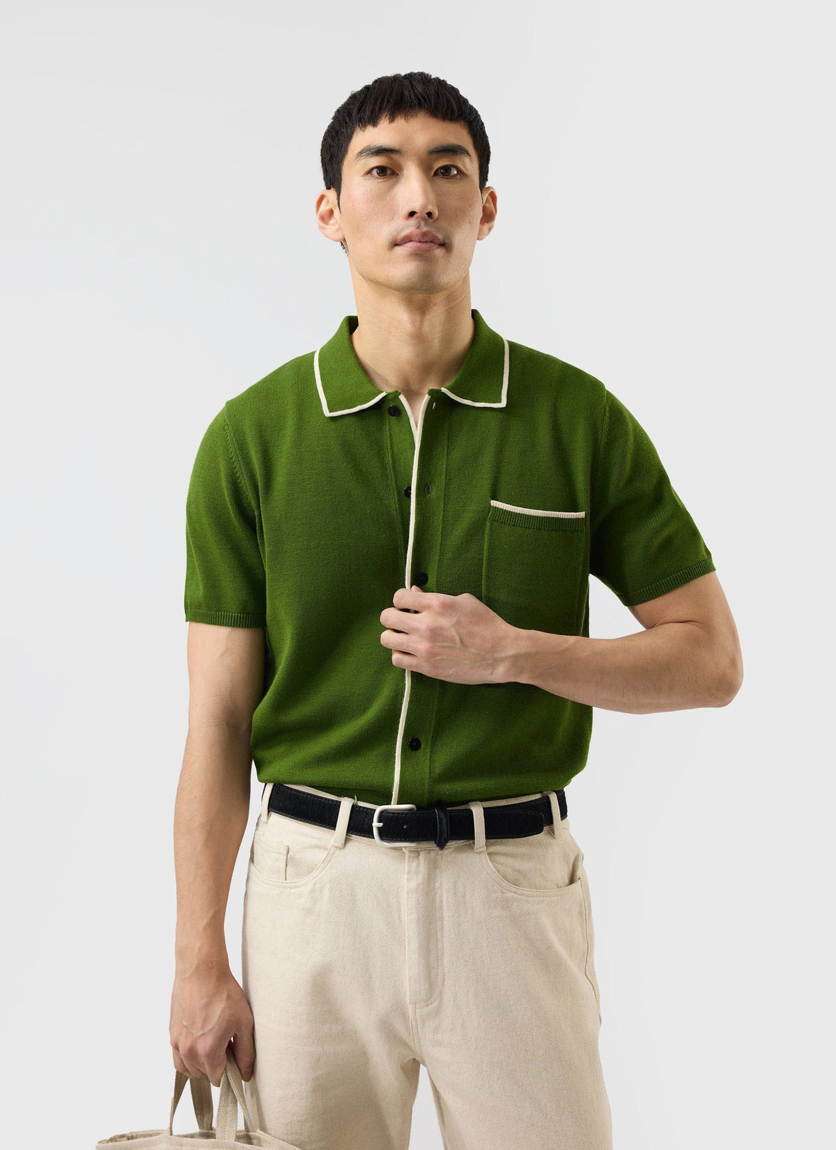 Men's Knitted Shirt: Contrast Trim - Wool - Forest Green | Percival Classic