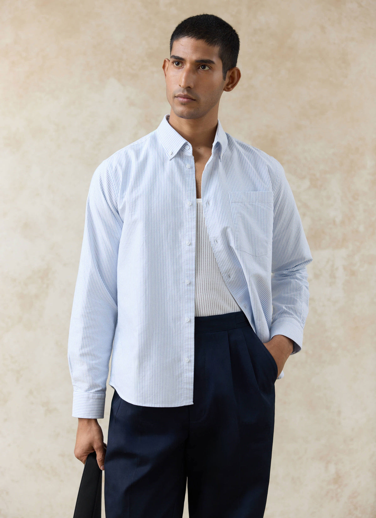 Men's Long Sleeve Oxford Shirt - Cotton - Blue Stripe | Percival Best Price
