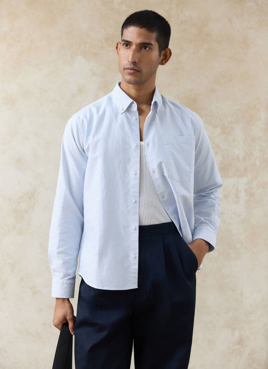 Men's Long Sleeve Oxford Shirt - Cotton - Blue Stripe | Percival Best Price