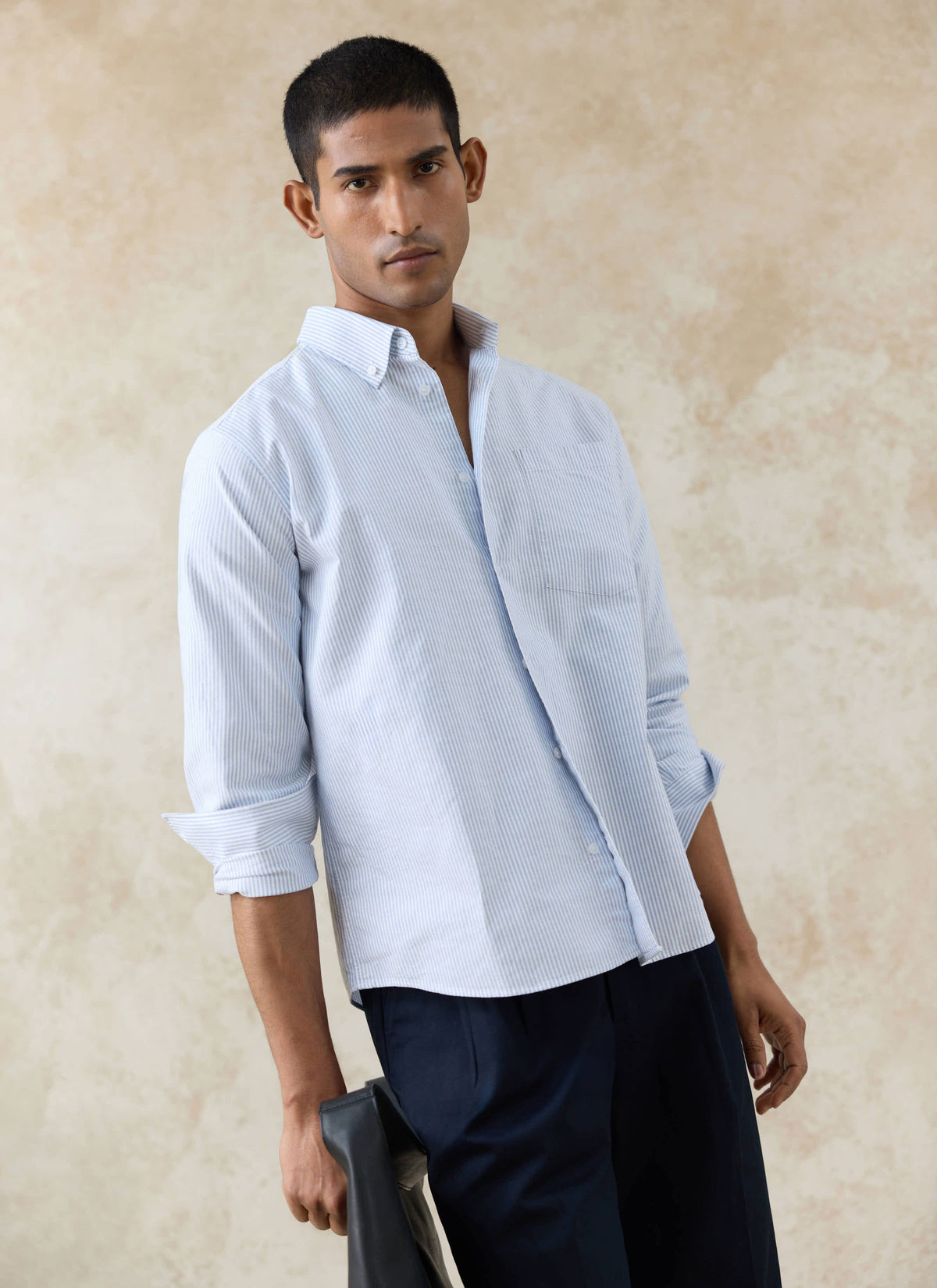 Men's Long Sleeve Oxford Shirt - Cotton - Blue Stripe | Percival Best Price
