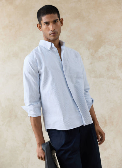 Men's Long Sleeve Oxford Shirt - Cotton - Blue Stripe | Percival Best Price
