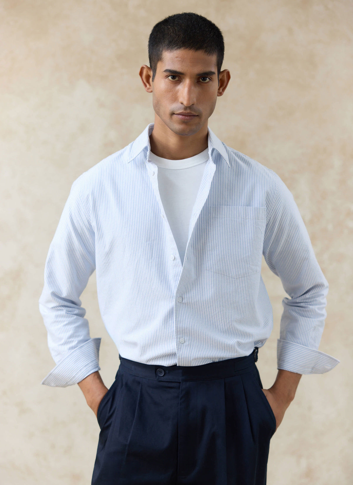 Men's Long Sleeve Oxford Shirt - Cotton - Blue Stripe | Percival Best Price