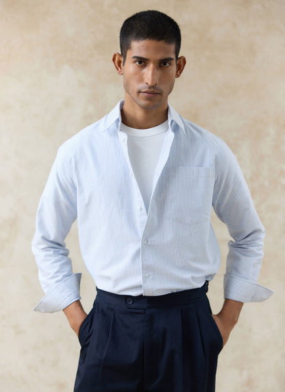 Men's Long Sleeve Oxford Shirt - Cotton - Blue Stripe | Percival Best Price
