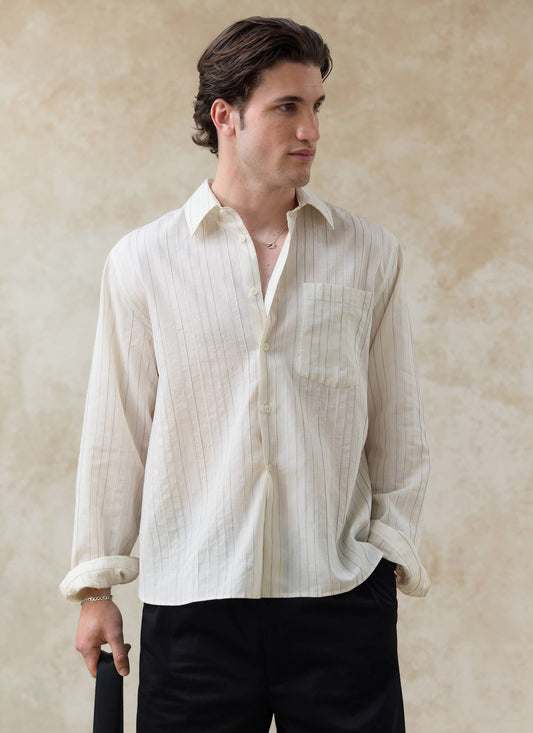 Men's Striped Shirt - Lorenzo - Lyocell Blend - Cream | Percival Best Seller