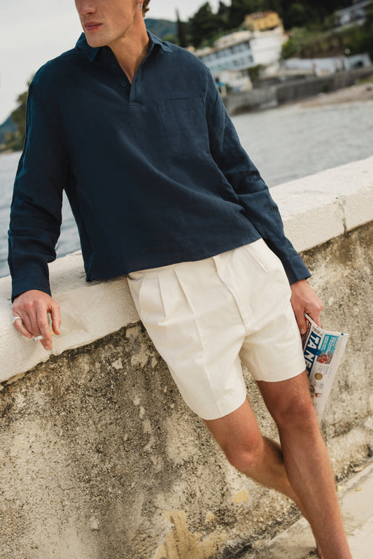 Men's Navy Popover Shirt - Alec - 100% Linen | Percival Exclusive