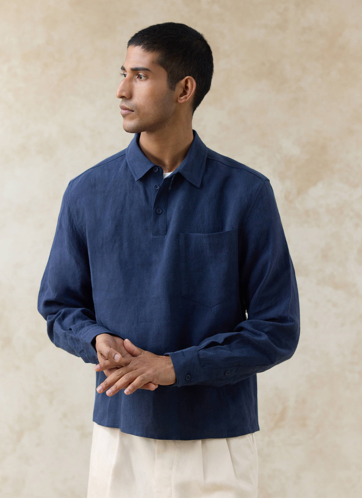 Men's Navy Popover Shirt - Alec - 100% Linen | Percival Exclusive