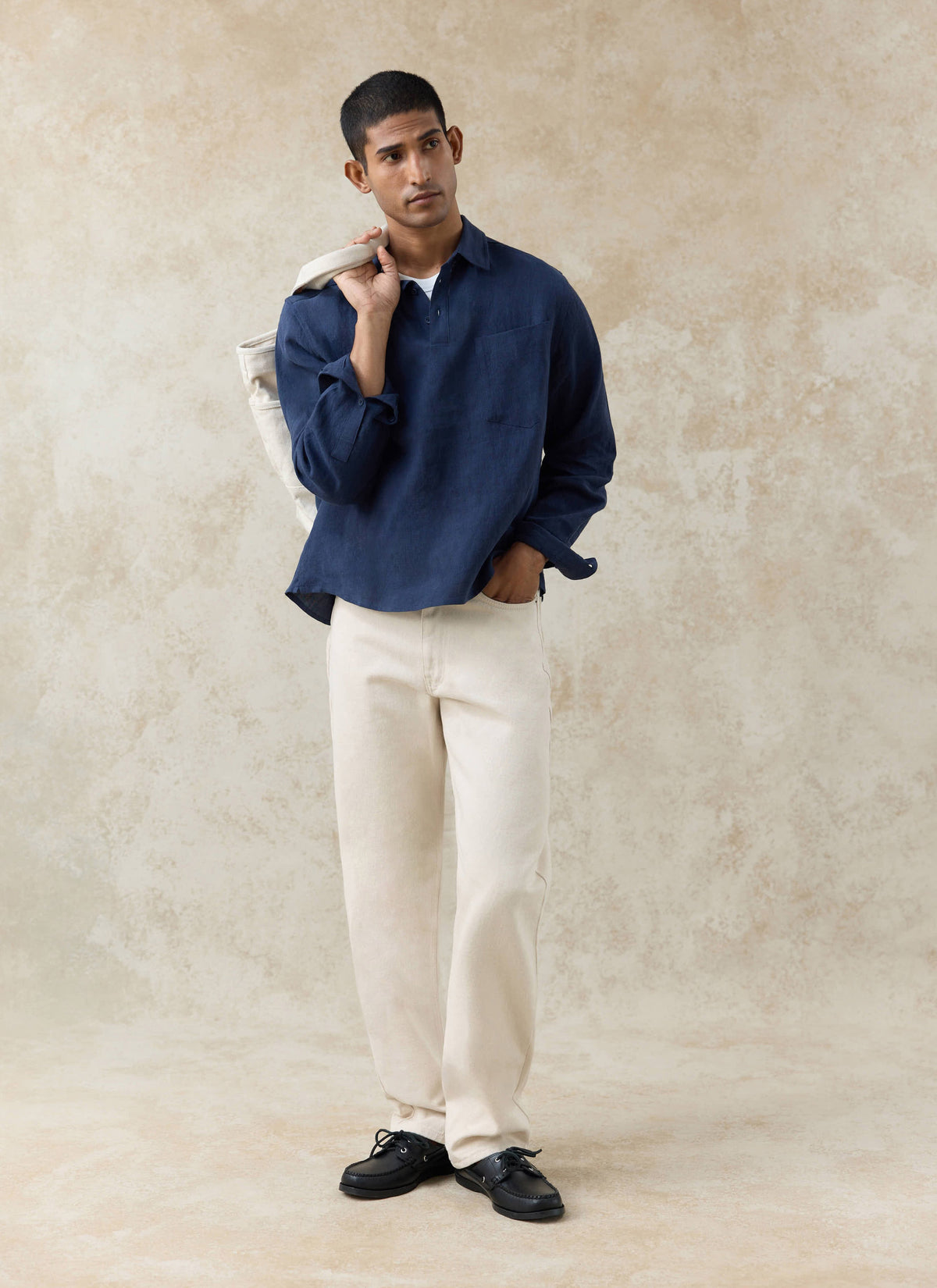 Men's Navy Popover Shirt - Alec - 100% Linen | Percival Exclusive