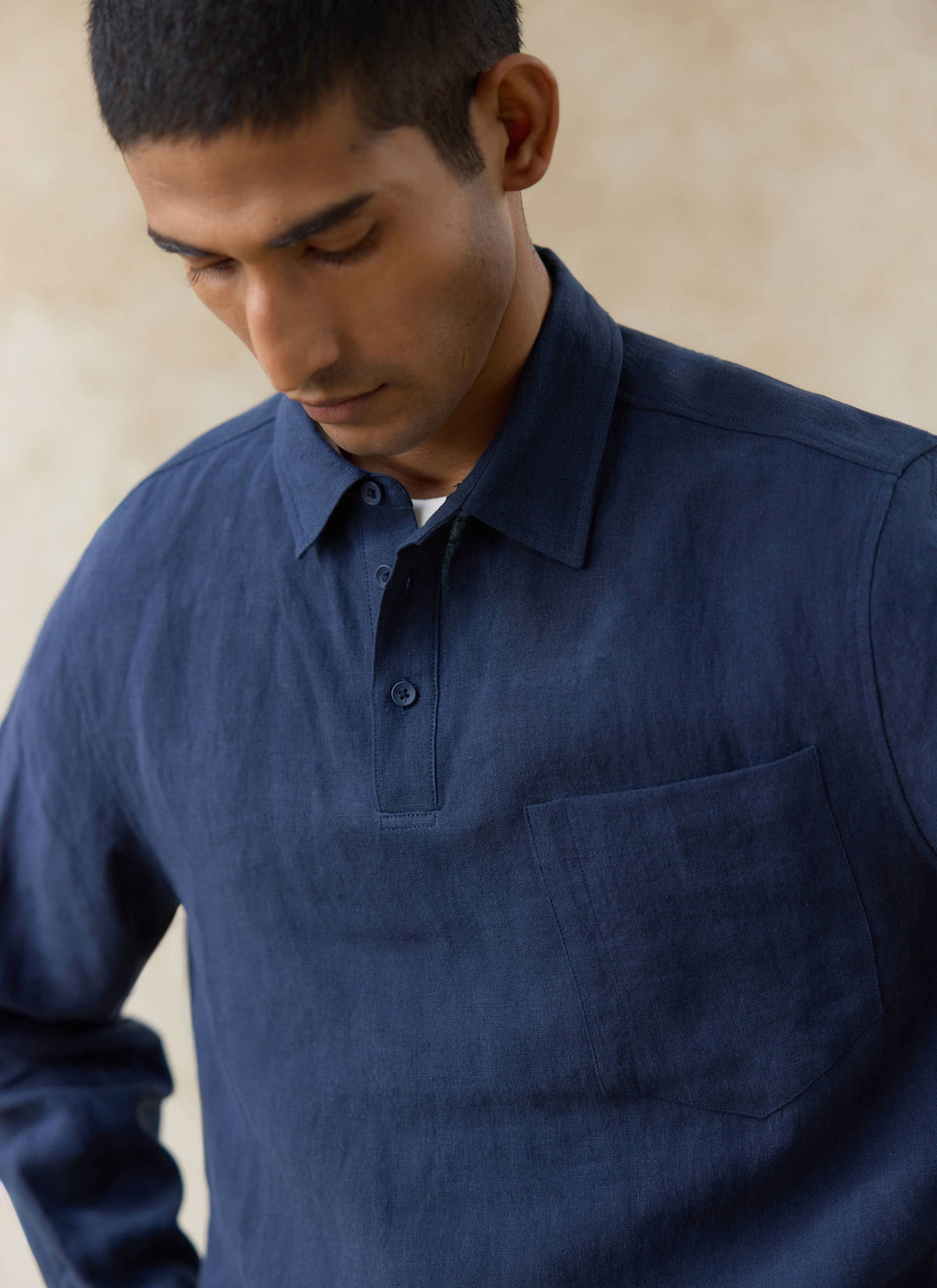 Men's Navy Popover Shirt - Alec - 100% Linen | Percival Exclusive
