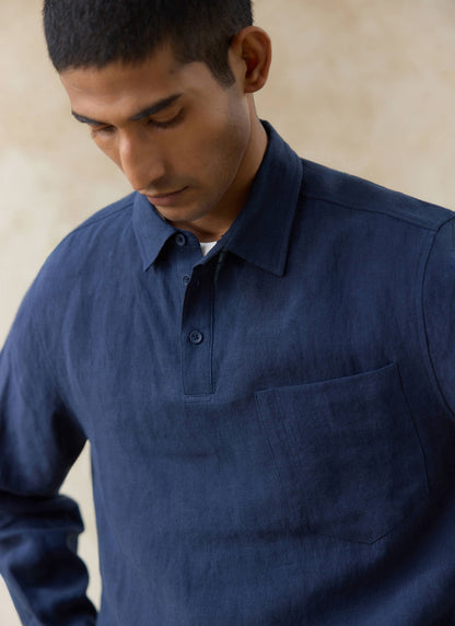 Men's Navy Popover Shirt - Alec - 100% Linen | Percival Exclusive