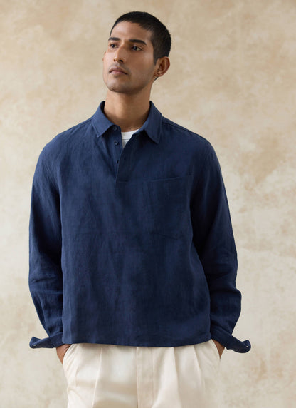 Men's Navy Popover Shirt - Alec - 100% Linen | Percival Exclusive