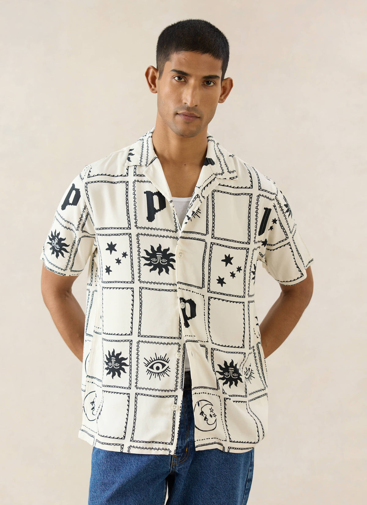 Men's Lunar Panel Cuban Shirt, Short Sleeve - Cream Viscose | Percival Top Pick
